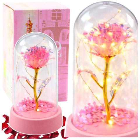 Wieczna Róża Kryształowa w Kopule z Oświetleniem LED Różowa 14x8cm