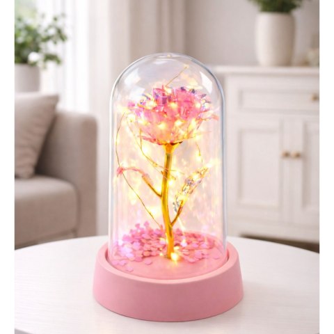 Wieczna Róża Kryształowa w Kopule z Oświetleniem LED Różowa 14x8cm