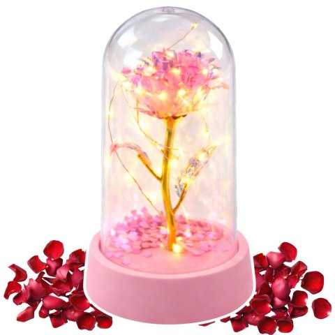 Wieczna Róża Kryształowa w Kopule z Oświetleniem LED Różowa 14x8cm