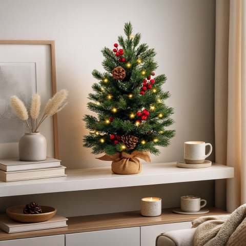 Choinka Ozdobna Dekoracyjna Sztuczna Czerwona Jarzębina Lampki LED 60 x 20 cm