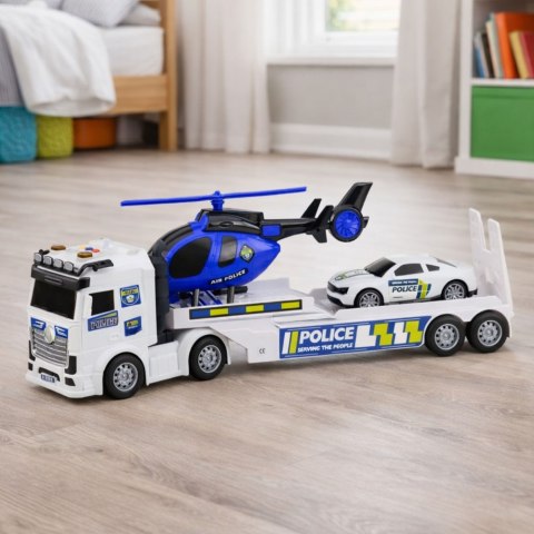 Zestaw Policyjny Ciężarówka Laweta Auto Helikopter Światła Dźwięk