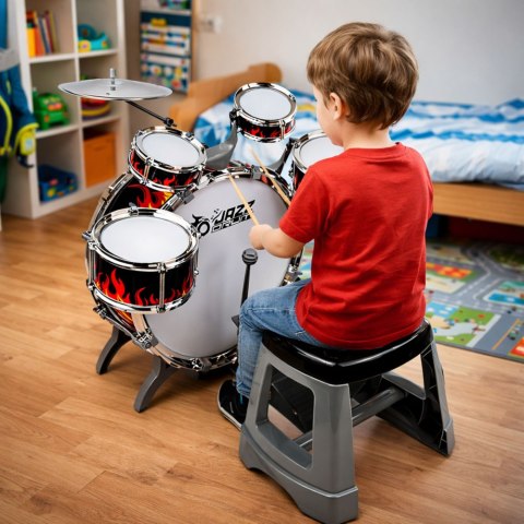 Perkusja Dla Dzieci Zestaw 6 Bębnów 2 Talerze Instrument Muzyczny Taboret