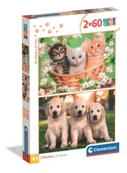 Puzzle 2x60 Super Color BRACIA W FUTRACH PIESKI I KOTKI Clementoni 24820